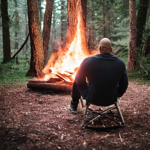 Prompt: vin diesel sitting near a bonfire at night in the woods, canon eos r 3, f / 1. 4, iso 2 0 0, 1 / 1 6 0 s, 8 k, raw, unedited, symmetrical balance, in - frame