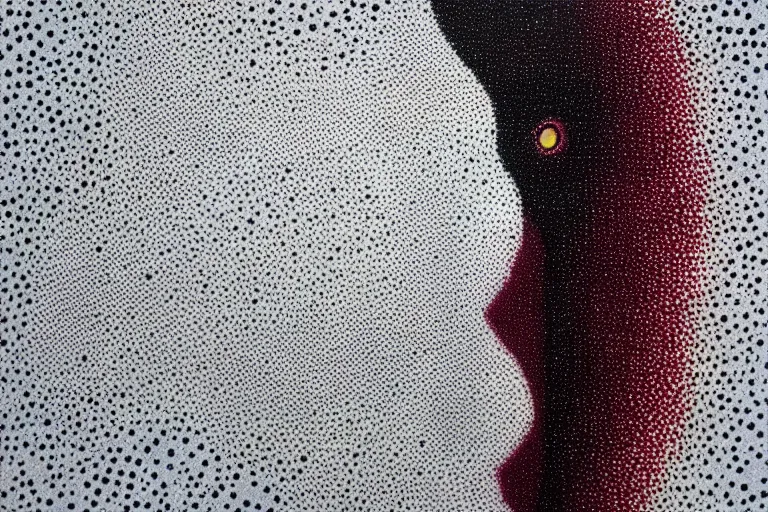 Prompt: face made out of mist, faceless people dark, dots, drip, stipple, pointillism, technical, abstract, minimal, style of francis bacon, asymmetry, pulled apart, cloak, hooded figure, made of dots, abstract, balaclava, colored dots