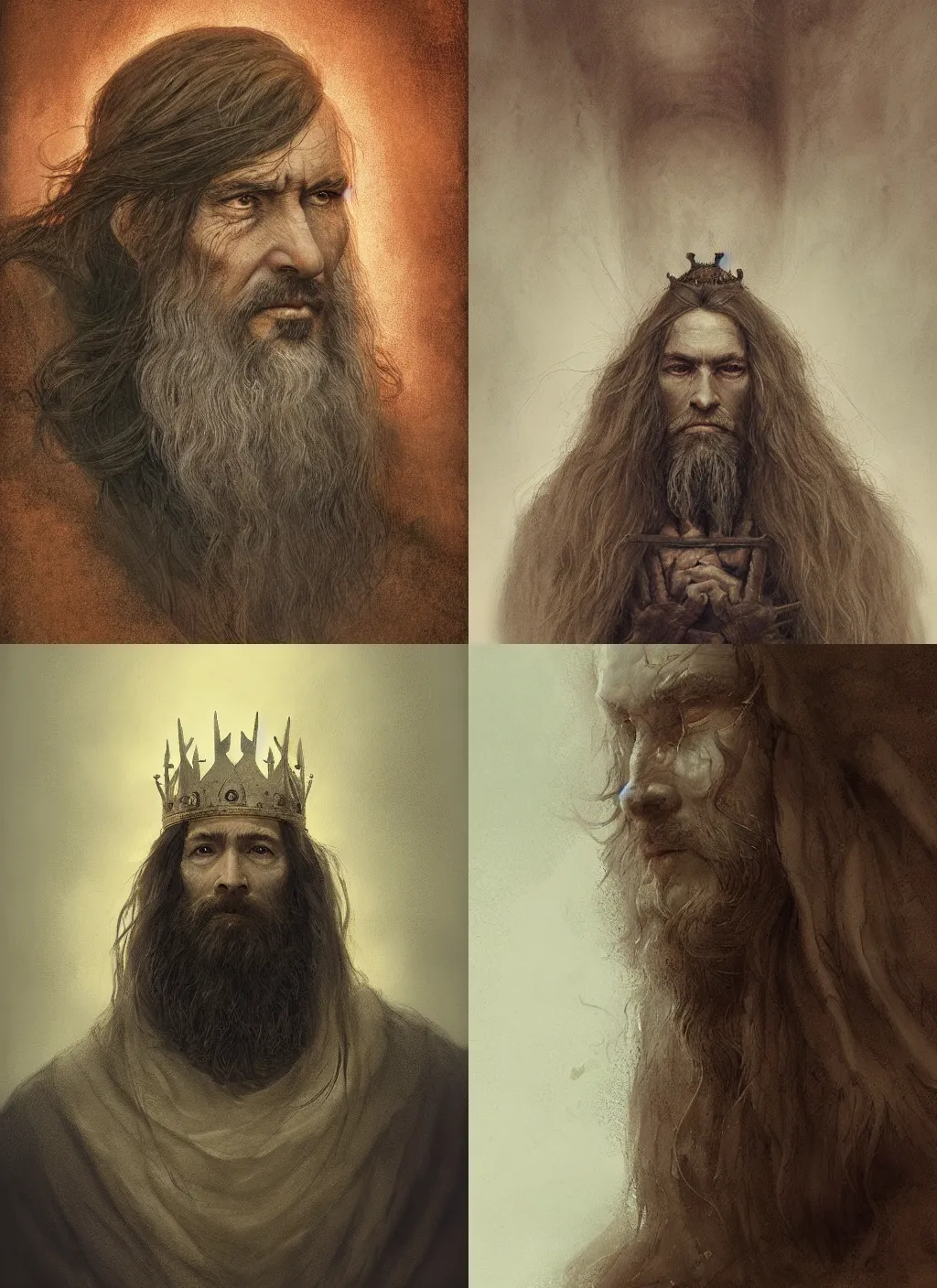 Image similar to portrait of a gentle and wise king with long hairs in alan lee and marc simonetti and emil melmoth style , cinematic lighting