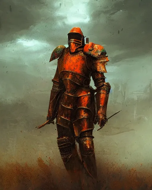 Image similar to Hyper realistic painting of a knight in a rusted full plate armor, green and orange rust, hyper detailed, thunderstorm, midnight, volumetric lighting, creepy atmosphere, by greg rutkowski