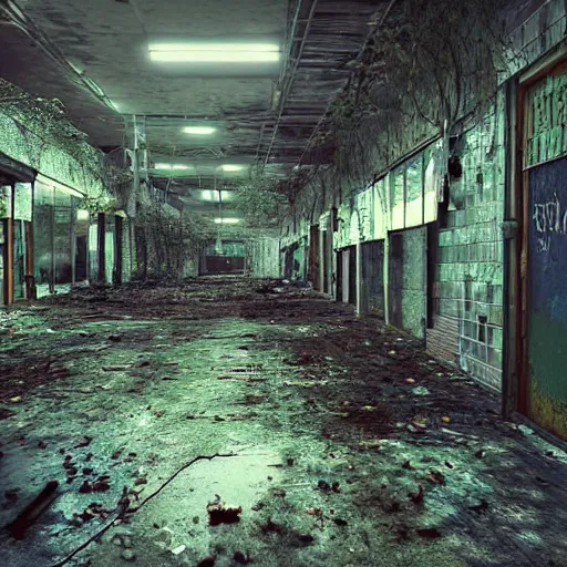 Prompt: “derelict and abandoned supermarket, tins of food on the floor, a deer eating from the floor, broken signs, broken lights, a body on the floor, shadows of zombies, muted tones, volumetric lighting, puddles, moss, branches, photorealism, high detail, golden ratio, cinematic, octane renderer, the last of us”