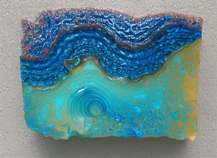 Prompt: an semi realistic ocean wave foam transformed in resin and fossilized, colors, made of glass, highlights, artistic