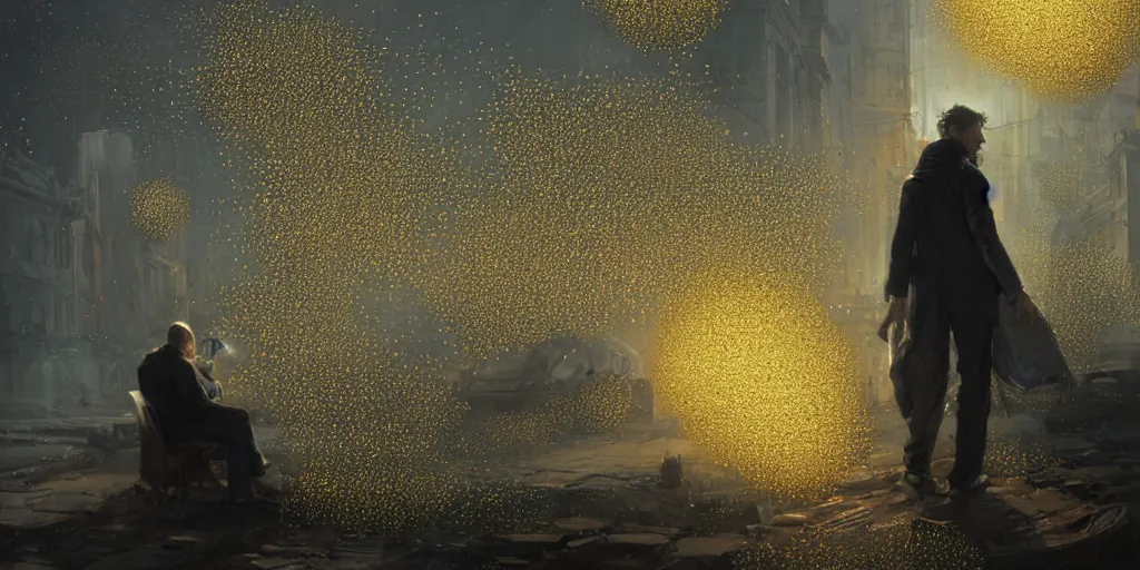 Image similar to swarm of iridescent golden bubbles surrounding a man, by greg rutkowski