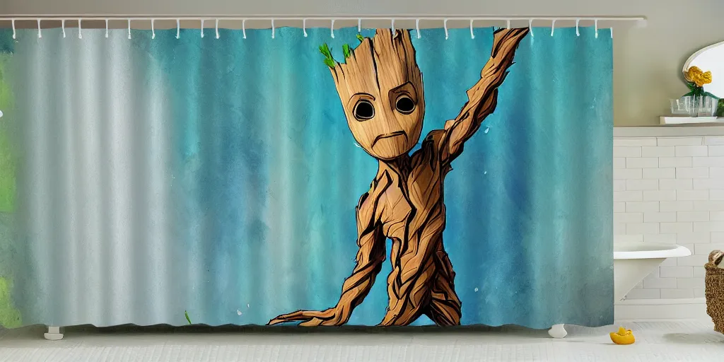Prompt: shower curtain product catalog. wide - angle photo. on the curtain is a watercolor of the baby groot dancing. the water color has ink under drawing. wide - angle product photography of a shower curtain, product lighting. 4 k, highly detailed. saturated.