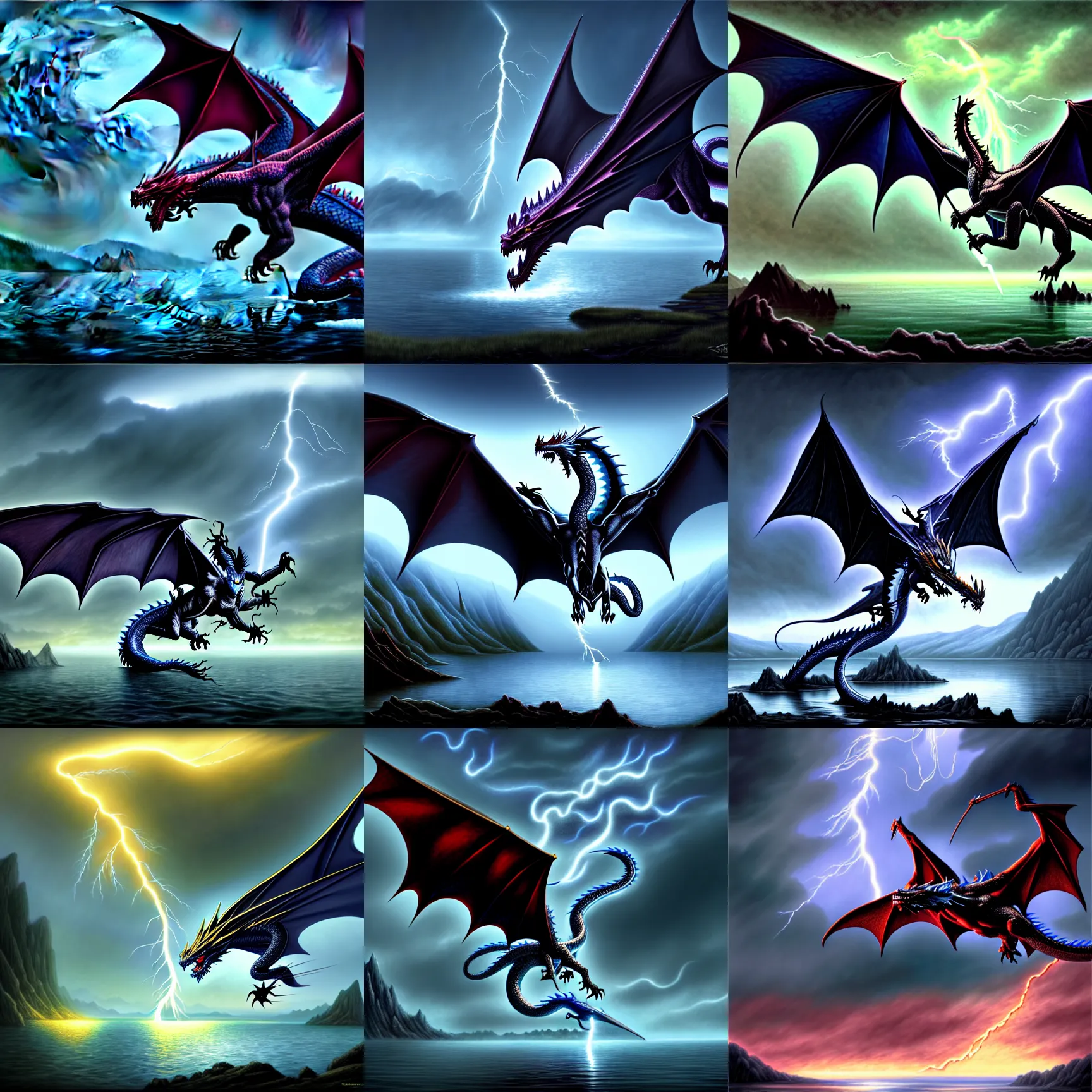 Prompt: lightning shaped like a dragon, lake background, gerald brom, hyper detailed, 8 k, fantasy, dark, grim, foggy