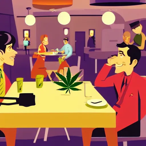 Image similar to close up of waiter at the table : cafe serves cannabis to its customers in australia, isometric illustration fun style hyperrealistic render in pixar, by darwyn cooke