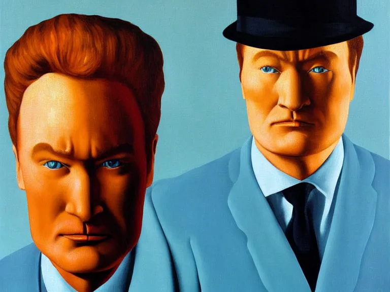 Prompt: Late Night with Conan O'Brien painting by rene magritte, high detail, high resolution