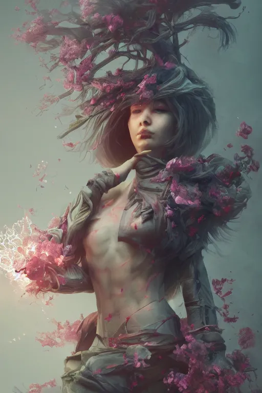 Prompt: beautiful girl necromancer exploding into flowers, 3 d render, hyper - realistic detailed portrait, holding electricity, ruan jia, wlop. scifi, fantasy, hyper detailed, octane render, concept art,