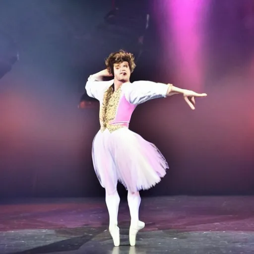 Image similar to Harry styles dressed as a princess preforming ballet