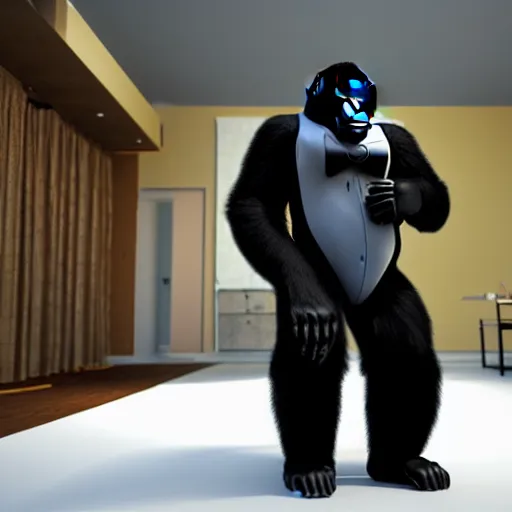 Image similar to a gorilla wearing a nice tuxedo, wearing shades and wearing gold chains, photorealistic, 8 k, unreal engine 6, highly detailed, coherent,