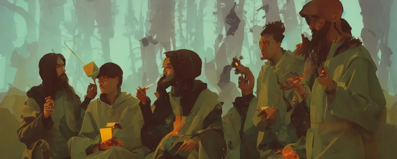 Image similar to duotone olive illustration 3 / 4 portrait of group of druids smoking joints composition accidental renaissance golden ratio. by sachin teng and sergey kolesov and ruan jia and heng z. graffiti art, scifi, fantasy, hyper detailed. octane render. concept art. trending on artstation