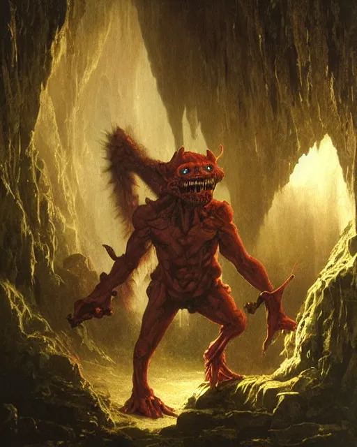 Prompt: A hobgoblin. He has a very menacing expression. he is standing in a cave. Award winning oil painting by Thomas Cole and Wayne Barlowe. Highly detailed
