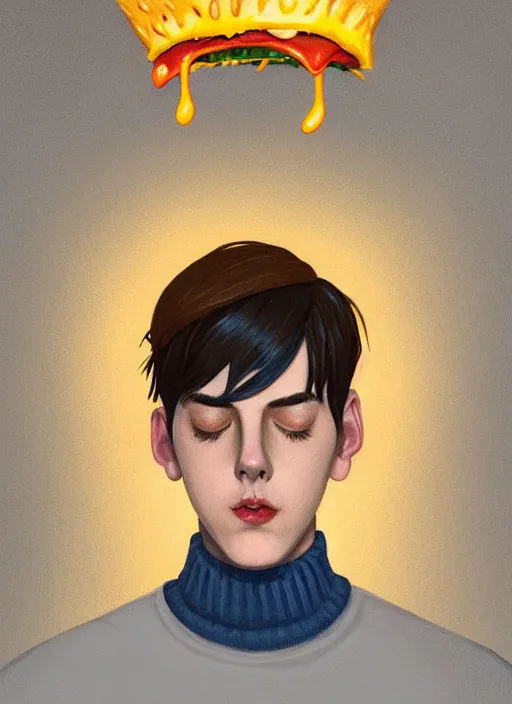 Image similar to portrait of teenage jughead jones wearing a light grey crown, crown, eating hamburger, blue turtleneck, eyes closed, crown, black hair, intricate, elegant, glowing lights, warm lighting, highly detailed, digital painting, artstation, concept art, smooth, sharp focus, illustration, art by wlop, mars ravelo and greg rutkowski