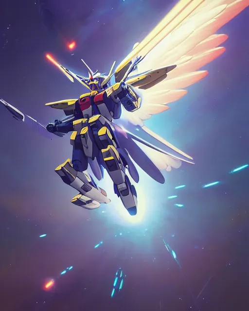 Image similar to highly detailed vfx portrait of an angelic gundam with wings of feathers beam saber fighting in space with a beam gun, unreal engine, greg rutkowski, loish, rhads, beeple, makoto shinkai and lois van baarle, ilya kuvshinov, rossdraws, tom bagshaw, alphonse mucha, global illumination, detailed and intricate environment