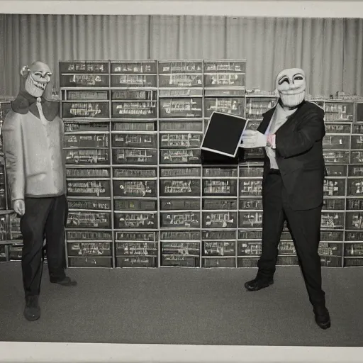 Prompt: a man with a lemon head and devil horns sorts an archive, realistic photograph, dark