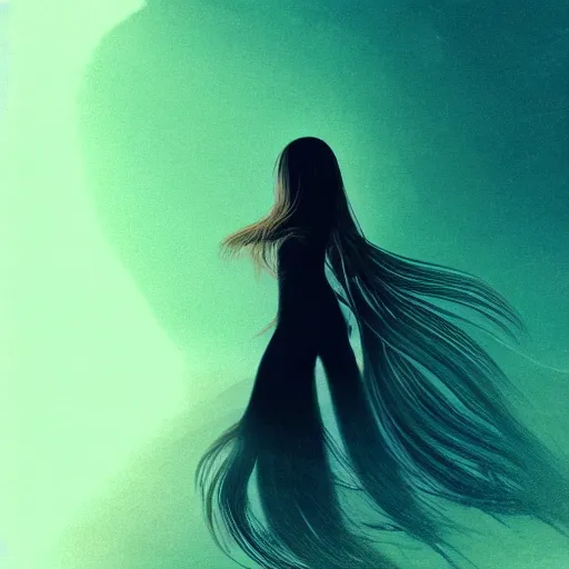 Image similar to a thin, pretty young Filipino woman with long hair floats dramatically in the air in a dreamy world in the distance, her face is in shadow, very beautiful, inspiring, hopeful, dramatic lighting, abstract digital art, trending on artstation