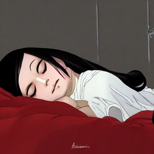 Prompt: room with an amount of photos retracting an little girl with an long black hair dressed in a simple white dress sleeping, anime art style, digital art ilya kuvshinov, inspired by balthus, hd, 4 k, hyper detailed, dark, anatomically correct, angelic face