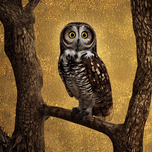 Prompt: an owl with eyeglasses perched on a dead tree, intricate detail, klimt, modigliani, octane render, unreal engine,