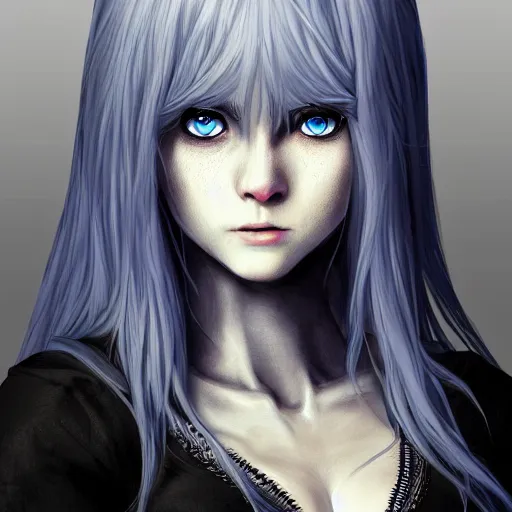 Prompt: beautiful female wizard, detailed face, blue eyes, black clothing, daughter of death, featured on artstation, 8k highly detailed, anime style, concept art