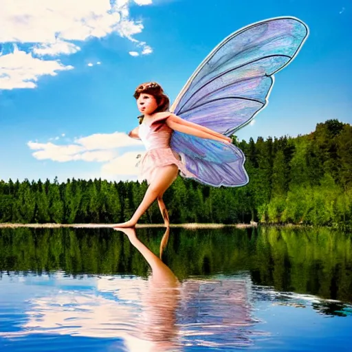 Image similar to flying fairy with wings timidly tipping toe into the center of a lake