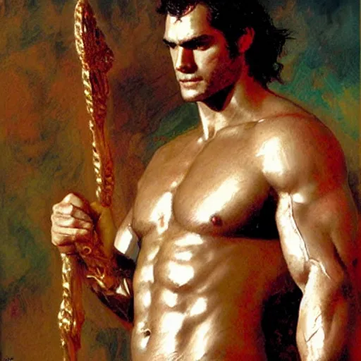 Image similar to Henry Cavill as a greek god, muscular, detailed face, thighs, painting by Gaston Bussiere, Craig Mullins