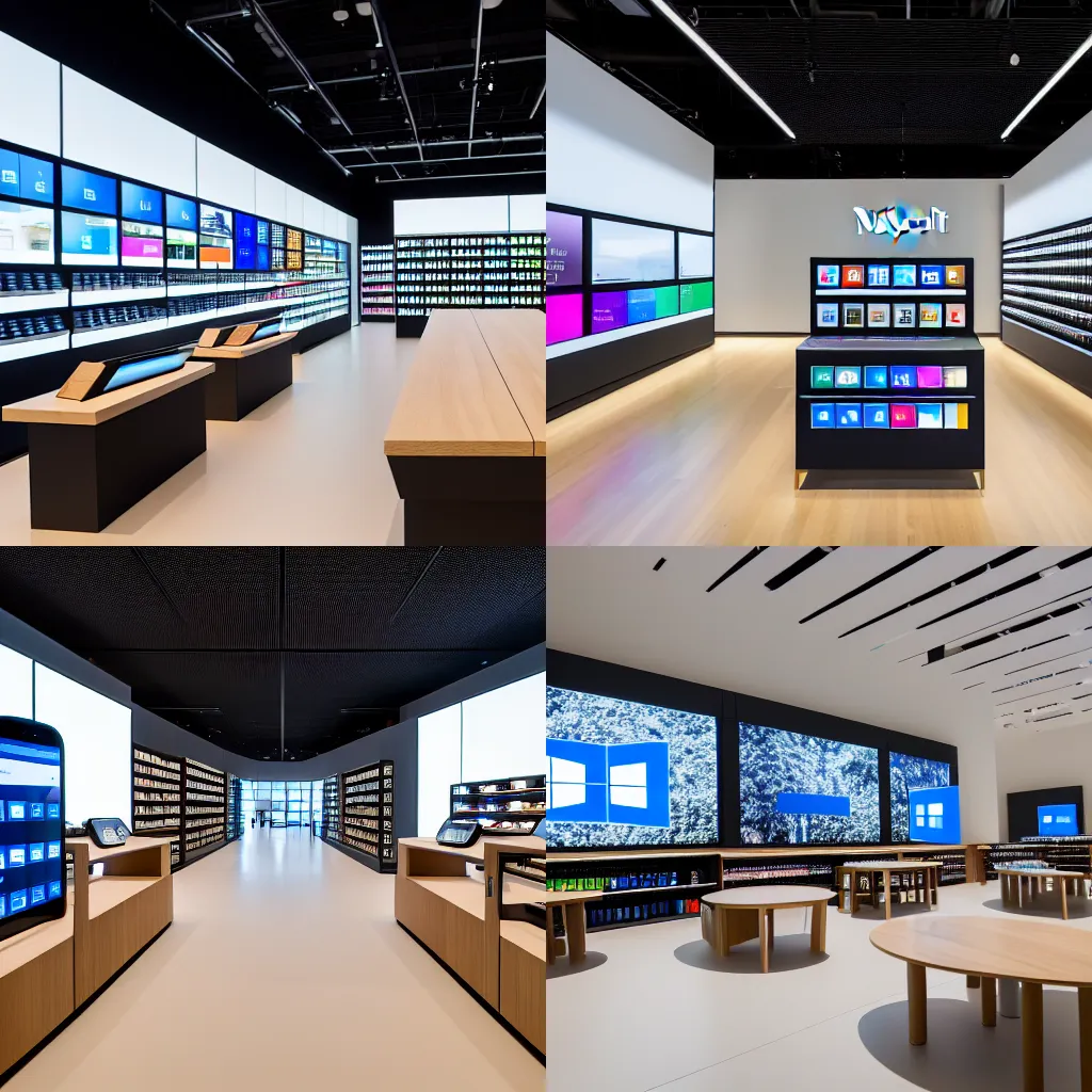 Prompt: (2030s Microsoft retail interior. Mobile phones. large oak tables, empty stools, fragrant plants, large digital screens) muted palette, architectural photography, wide shot, XF IQ4, 14mm, f/1.4, ISO 200, 1/160s, 8K, RAW, unedited, symmetrical balance