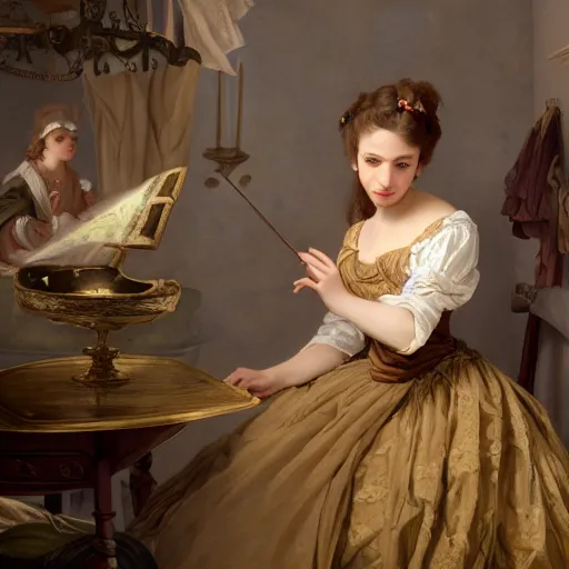 Image similar to A fantasy book style portrait painting of a dressmaker, François Boucher, Oil Painting, unreal 5, DAZ, hyperrealistic, octane render, Regal, Refined, Detailed Digital Art, RPG portrait, William-Adolphe Bouguereau, Michael Cheval, Walt Disney (1937), Volumetric Golden dappled dynamic lighting, Highly Detailed, Cinematic Lighting, Unreal Engine, 8k, HD