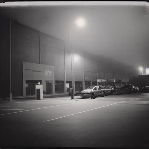 Image similar to Target shopping exterior at night with fog in a car park with a single shopping trolley liminal space photograph Polaroid