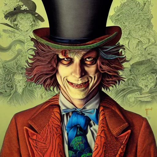 Image similar to portrait of the mad hatter, symmetrical, by yoichi hatakenaka, masamune shirow, josan gonzales and dan mumford, ayami kojima, takato yamamoto, barclay shaw, karol bak, yukito kishiro, beksinski