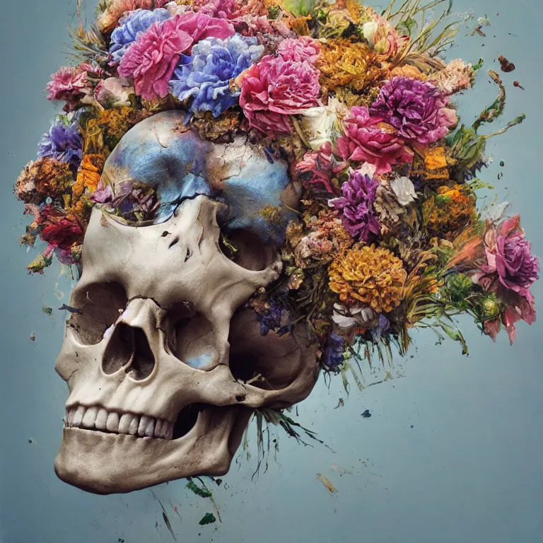 Image similar to A beautiful oil painting hyperrealism of a decayed head, rotting clay skin, skull bones, flowers, floral headdress, 8k resolution, octane render, Trending on artstation, by Gediminas Pranckevicius, volumetric light 2blue fractal Thunder glow by dan mumford, anaglyph effect, Laurie Lipton