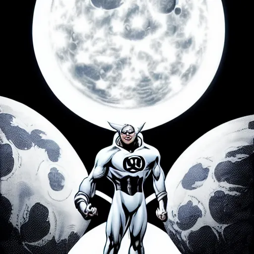 Image similar to comic White Lantern in black and white uniform in space standing infront of the moon,