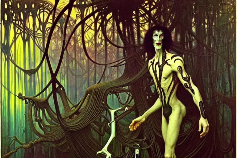 Image similar to realistic extremely detailed portrait painting of an elegantly creepy vampire man dressed as dracula, futuristic sci-fi forest on background by Jean Delville, Amano, Yves Tanguy, Alphonse Mucha, Ernst Haeckel, Edward Robert Hughes, Roger Dean, rich moody colours