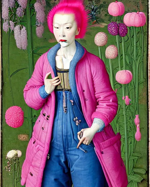 Image similar to portrait of a woman with pink hair buns, wearing a blue puffer jacket and baggy jeans, standing in a garden full of plants and flowers, white background, intricate details, high detail, in the style of rogier van der weyden and jacopo da pontormo, punk, asian art,