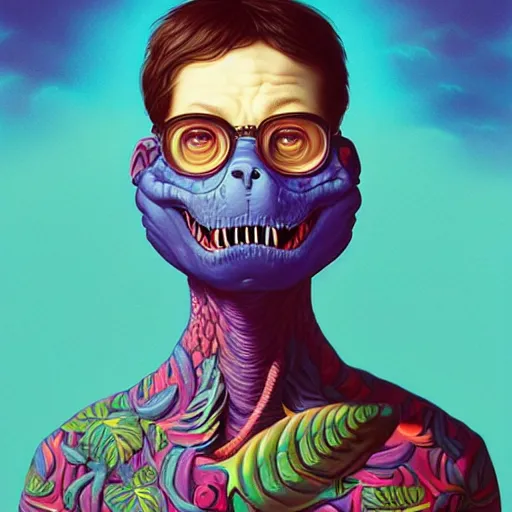 Image similar to Lofi vaporwave portrait dinosaur, Pixar style, Tristan Eaton, Stanley Artgerm, Tom Bagshaw