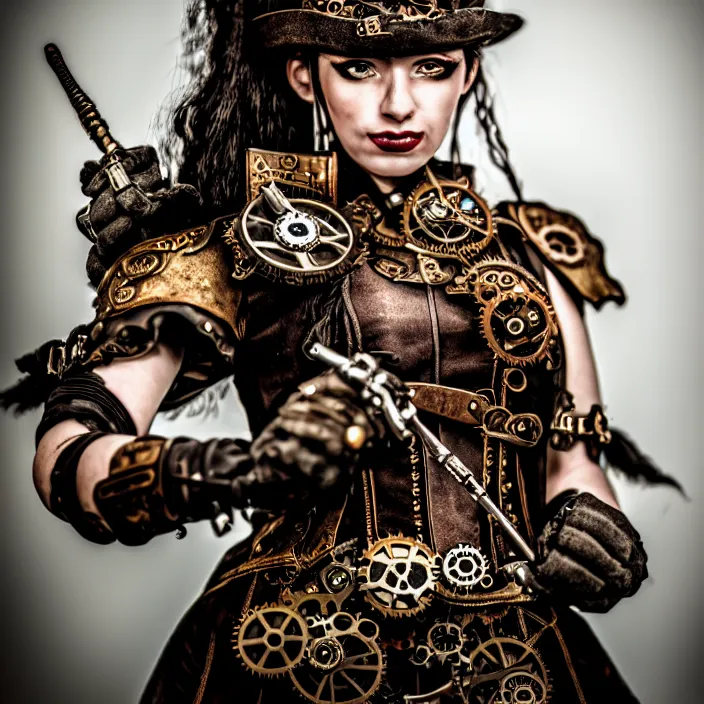 Image similar to photograph of a beautiful steampunk warrior. extremely detailed. dslr. 5 0 mm.