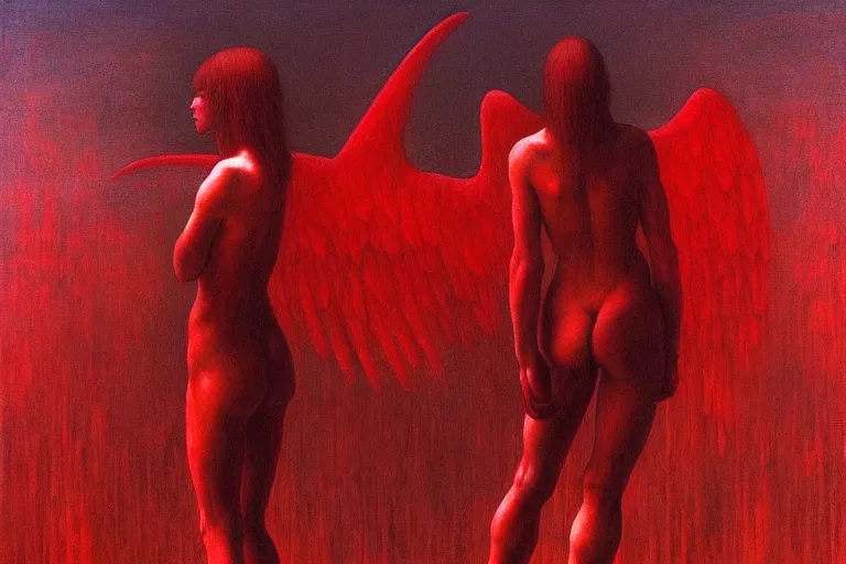 Image similar to only with red, a red angel announce the win, at the gates of a rich renaissance city. inthe background, pathos, in the style of beksinski, part by hopper, part by rodcenko, part by hofbauer, intricate composition, red by caravaggio, insanely quality, highly detailed, masterpiece, red light, artstation