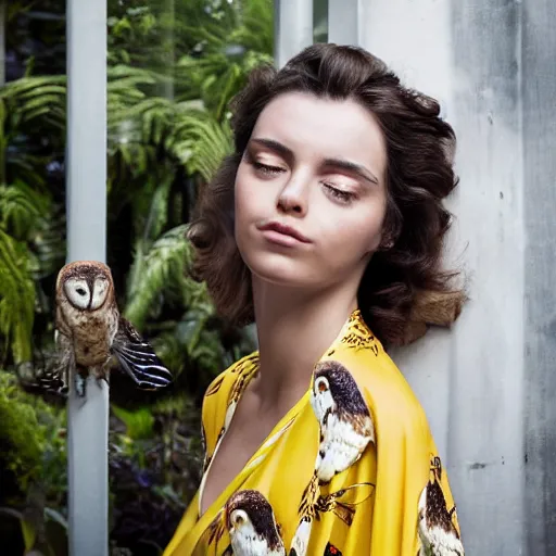 Prompt: head to shoulder portrait photograph of an elegant top model wearing a yellow kimono with a very detailed barn owl on her shoulder!!! in a tropical greenhouse. looking at the camera!!. super resolution. Graflex. bokeh. by Alessio albi and john william waterhouse and John Singer Sargent