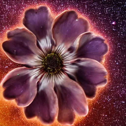 Prompt: a close up nature photography of a completely unique 6 - petaled flower found only in space