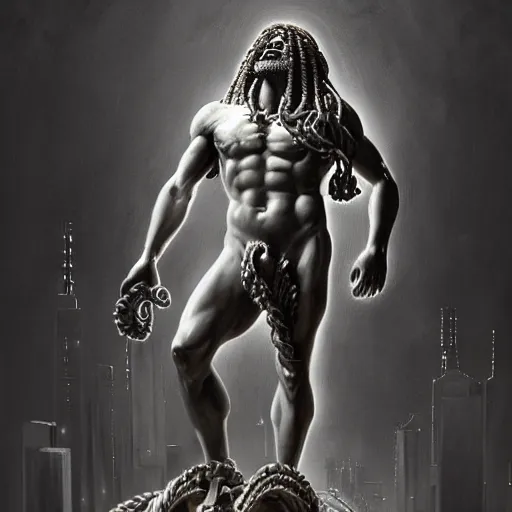 Prompt: beautiful painting of a cyborg ancient greek statue of Laocoon looming over a city in the style of Welder Wings and H. R. Giger. Dark background, detailed, trending on Artstation