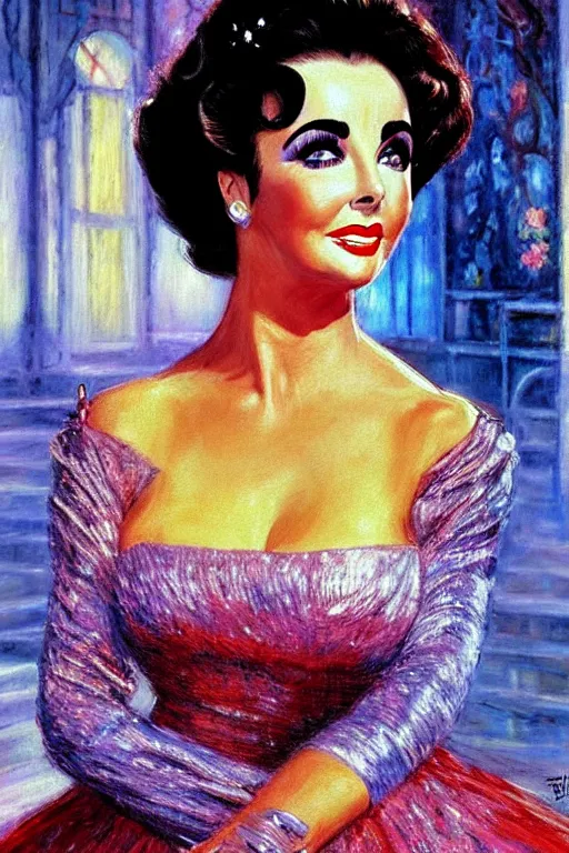 Image similar to impressionism painting of a d & d style retro sci - fi elizabeth taylor beautiful face and wearing full detailed clothing