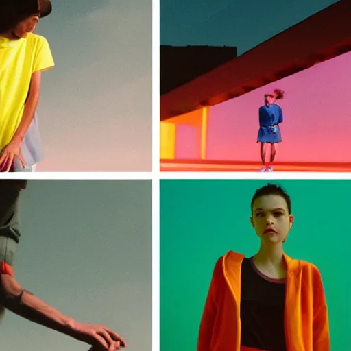 Image similar to nike lookbook campaign in the style of tyler mitchel, blue rays, redshift, wide shot, coloured polaroid photograph, pastel, kodak film, hyper real, stunning moody cinematography, by maripol, fallen angels by wong kar - wai, 3 5 mm, style of suspiria and neon demon, david hockney, detailed, film photography