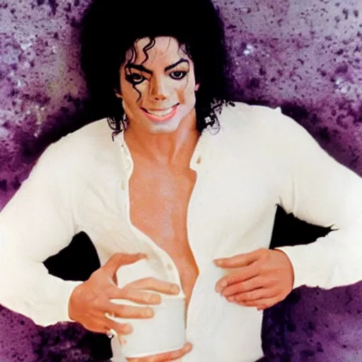 Prompt: michael jackson with a creepy smile, bathing in a pool of milk