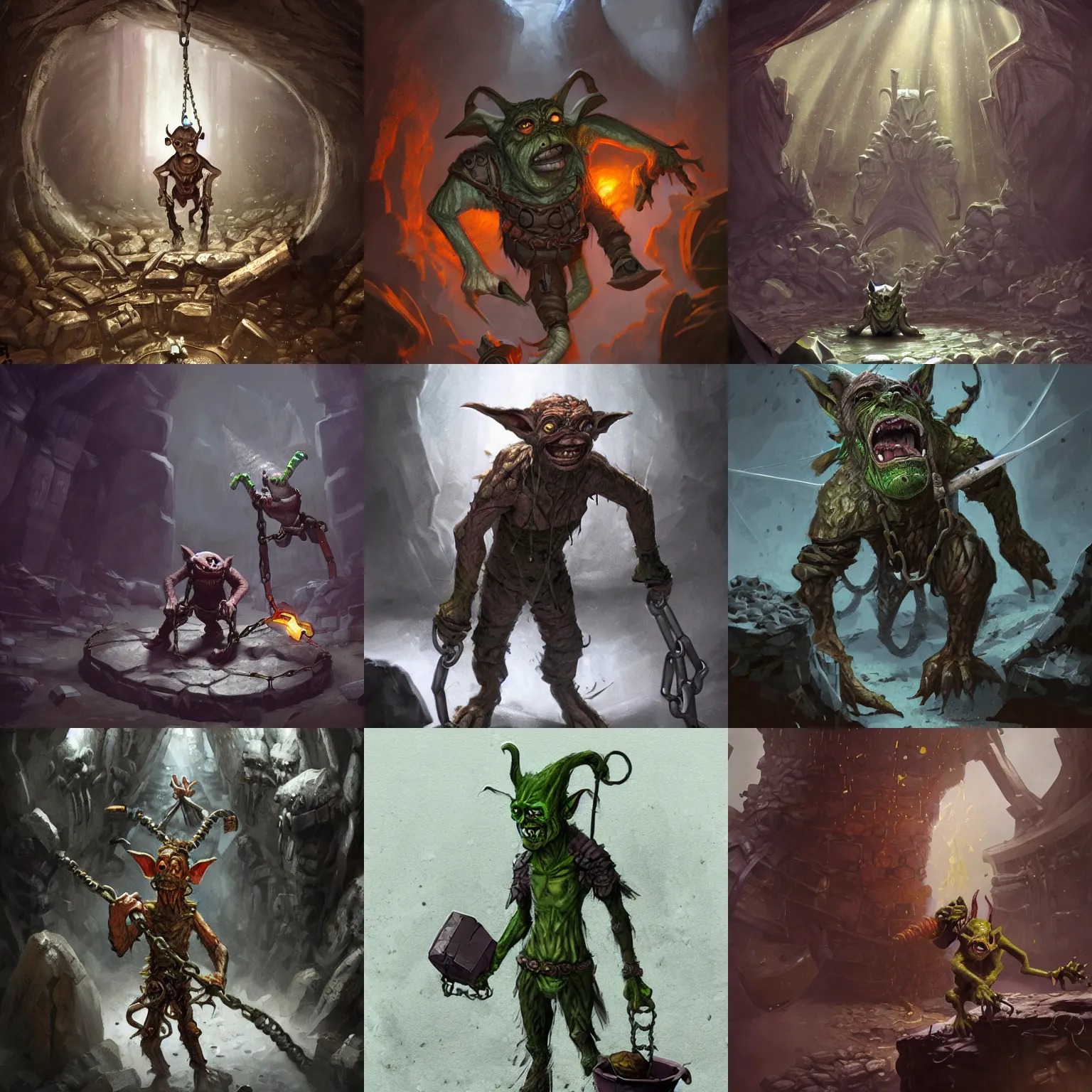 Prompt: chained goblin inside a pit, long shot, d & d, fantasy, concept art, artstation