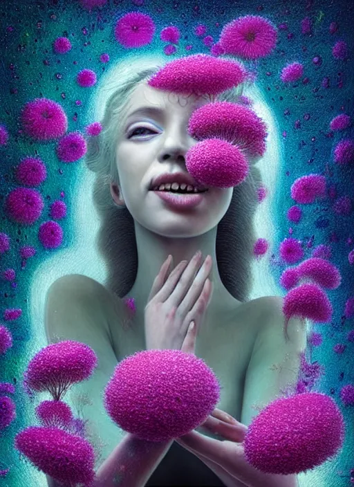 Prompt: hyper detailed 3d render like a Oil painting - Aurora (Singer) looking adorable and seen joyfully Eating of the Strangling network of yellowcake aerochrome cracks and milky Fruit and Her delicate Hands hold of gossamer polyp blossoms bring iridescent fungal flowers whose spores black the foolish stars to her adorable smirking mouth by Jacek Yerka, Mariusz Lewandowski, Houdini algorithmic generative render, Abstract brush strokes, Masterpiece, Edward Hopper and James Gilleard, Zdzislaw Beksinski, Mark Ryden, Wolfgang Lettl, hints of Yayoi Kasuma, octane render, 8k