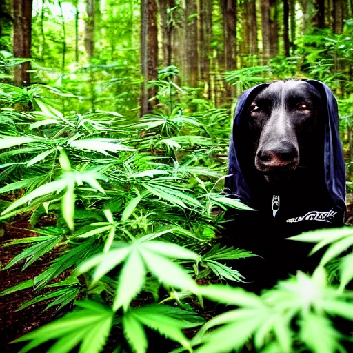 Image similar to a very high Snoop dog in his natural habitat of a marijuana forest, award winning nature photography