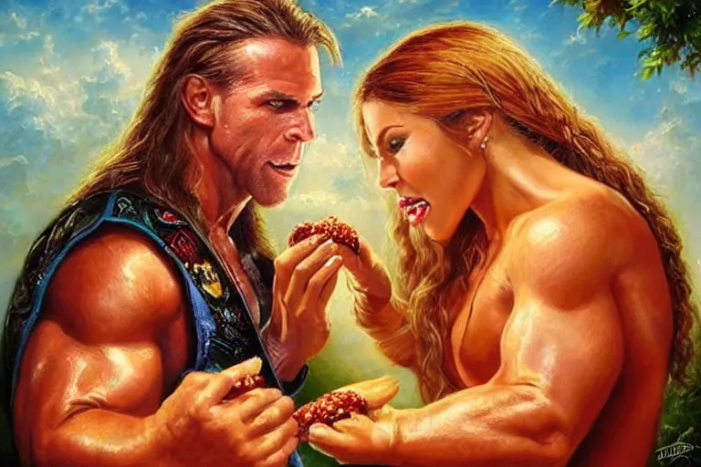 Prompt: portrait of wwf shawn michaels and queen elizabth sharing hotdogs, an oil painting by ross tran and thomas kincade