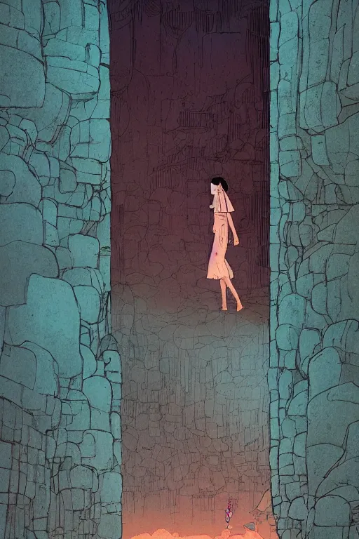 Image similar to a girl walking to a giant wooden door with archaic symbols embedded onto it in a cave with waterfall, digital art, illustrated by pascal campion and moebius and victo ngai, colorful comics style