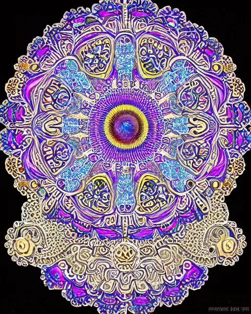 Image similar to fractal mandala very funny joy emoji trip ghost color an ancient white bone and gemstone relic, intricate engraving matt groening art style