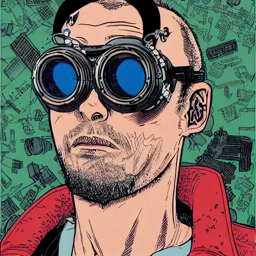 Image similar to close up portrait of a cyberpunk goth guy wearing goggles and eccentric jewelry, by geof darrow, geof darrow art,