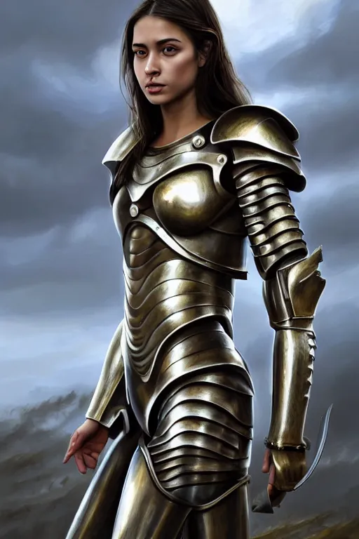 Image similar to a photorealistic painting of an attractive young girl, partially clothed in metal-plated battle armor, standing in front of a distant landscape, olive skin, fair complexion, long dark hair, flawless skin, beautiful bone structure, perfectly symmetric facial features, perfect photorealistic eyes, natural physique, intricate, elegant, digital painting, concept art, finely detailed, beautifully illustrated, sharp focus, minimal artifacts, volumetric lighting, from Metal Gear, by Ruan Jia and Mandy Jurgens and Artgerm and William-Adolphe Bouguerea, in the style of Greg Rutkowski, trending on Artstation, award winning art